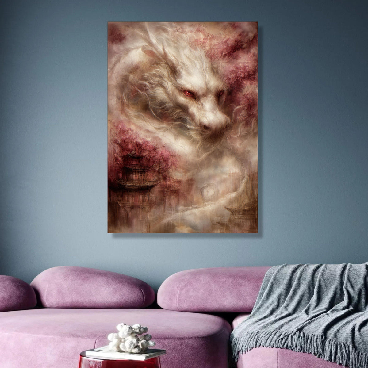 Majestic White Dragon Canvas Wall Art, Asian Fantasy Decor, Mythical Creature Illustration, Oriental wall decoration, canvas print, wall art
