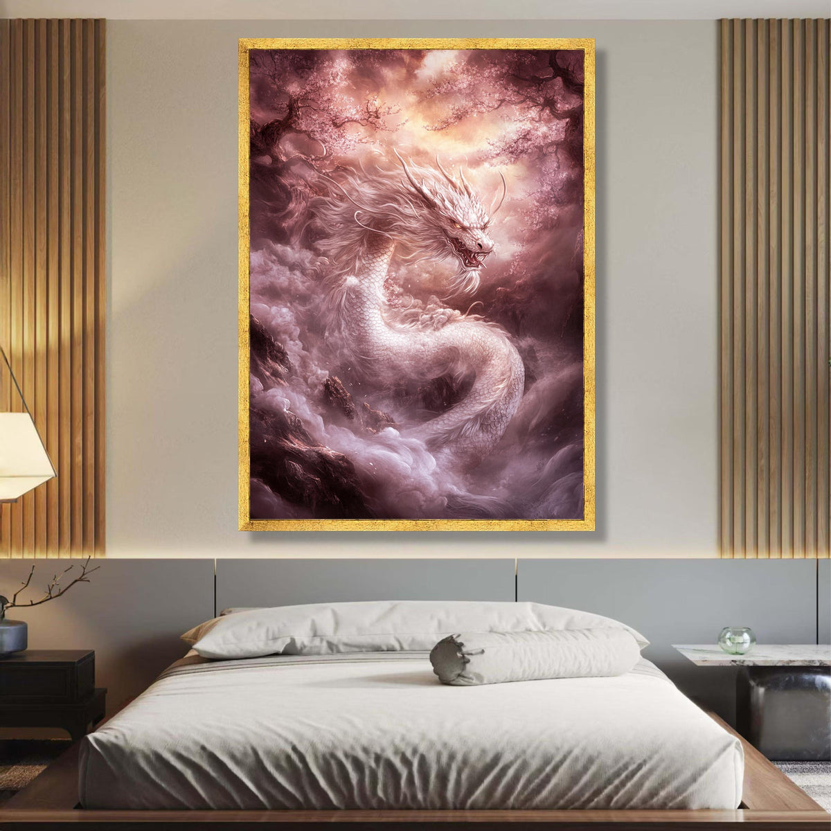 White Dragon Canvas Wall Art, Mythical Asian Fantasy Art, Cherry Blossom Landscape, Mystical wall decoration, canvas print, wall art