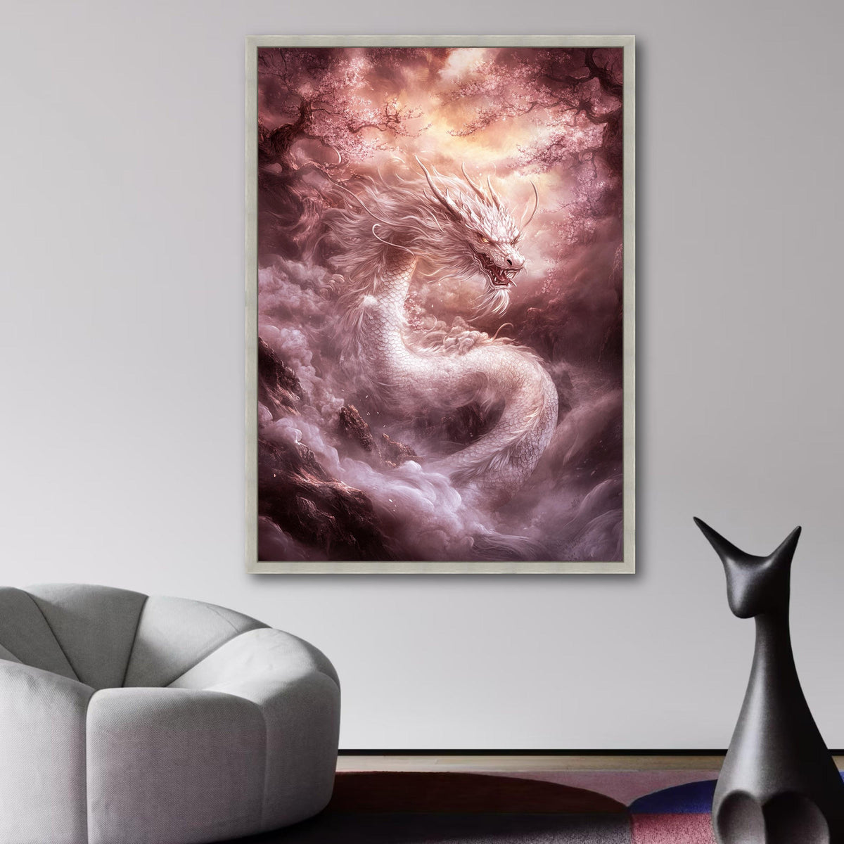 White Dragon Canvas Wall Art, Mythical Asian Fantasy Art, Cherry Blossom Landscape, Mystical wall decoration, canvas print, wall art