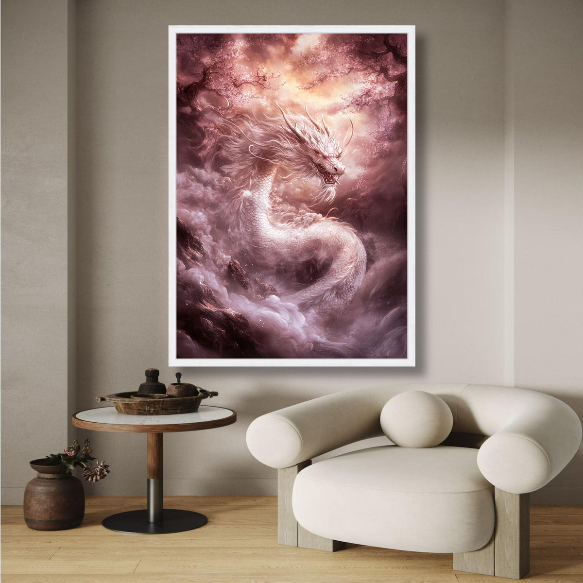 White Dragon Canvas Wall Art, Mythical Asian Fantasy Art, Cherry Blossom Landscape, Mystical wall decoration, canvas print, wall art