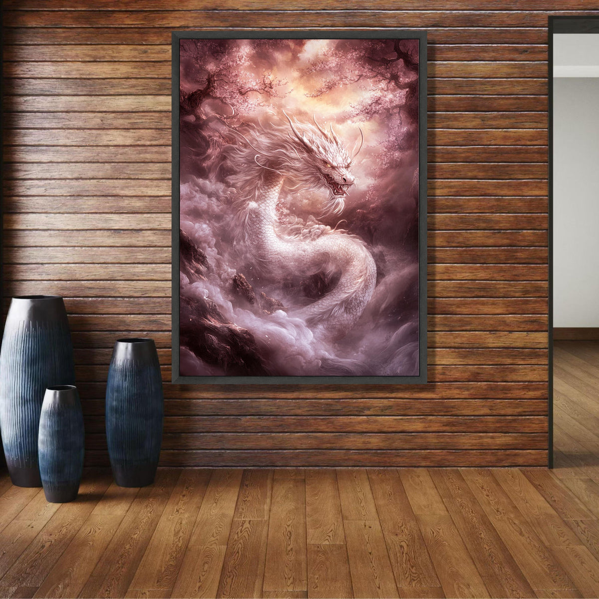 White Dragon Canvas Wall Art, Mythical Asian Fantasy Art, Cherry Blossom Landscape, Mystical wall decoration, canvas print, wall art