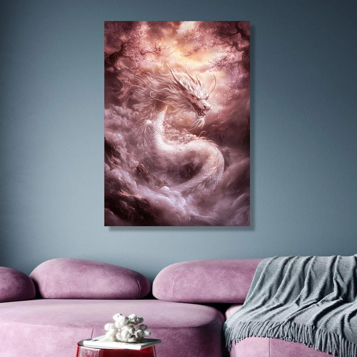 White Dragon Canvas Wall Art, Mythical Asian Fantasy Art, Cherry Blossom Landscape, Mystical wall decoration, canvas print, wall art