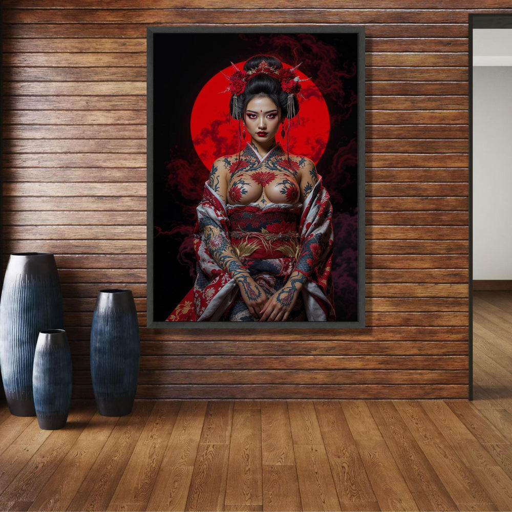 Bold Japanese Geisha Canvas Art, Tattooed Woman Wall Decor, Red Moon Backdrop, Asian Inspired wall decoration, canvas print, wall art