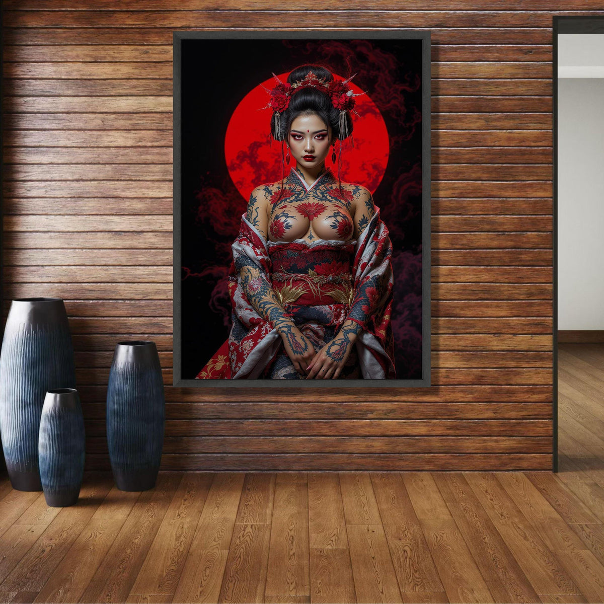 Bold Japanese Geisha Canvas Art, Tattooed Woman Wall Decor, Red Moon Backdrop, Asian Inspired wall decoration, canvas print, wall art