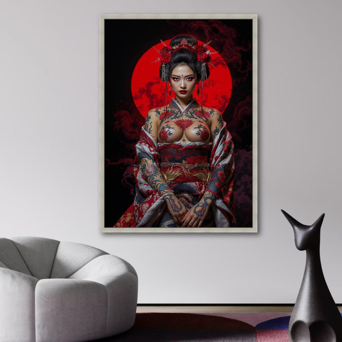 Bold Japanese Geisha Canvas Art, Tattooed Woman Wall Decor, Red Moon Backdrop, Asian Inspired wall decoration, canvas print, wall art