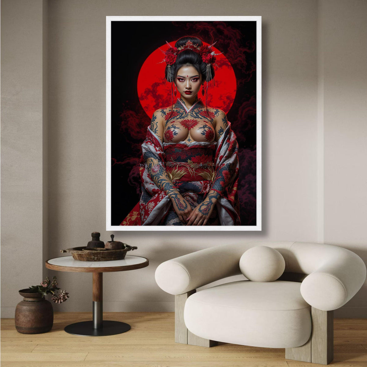 Bold Japanese Geisha Canvas Art, Tattooed Woman Wall Decor, Red Moon Backdrop, Asian Inspired wall decoration, canvas print, wall art