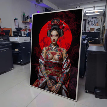 Bold Japanese Geisha Canvas Art, Tattooed Woman Wall Decor, Red Moon Backdrop, Asian Inspired wall decoration, canvas print, wall art