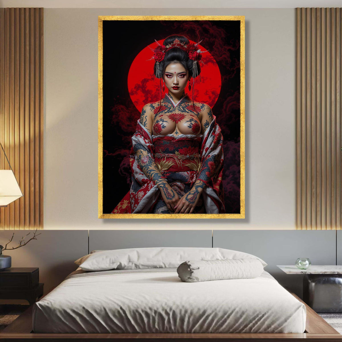 Bold Japanese Geisha Canvas Art, Tattooed Woman Wall Decor, Red Moon Backdrop, Asian Inspired wall decoration, canvas print, wall art