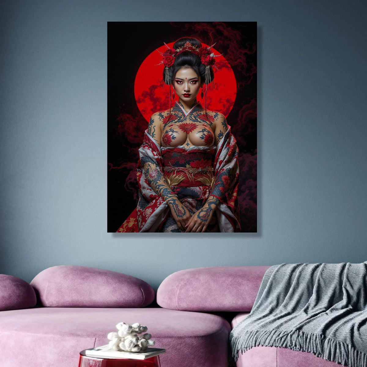 Bold Japanese Geisha Canvas Art, Tattooed Woman Wall Decor, Red Moon Backdrop, Asian Inspired wall decoration, canvas print, wall art
