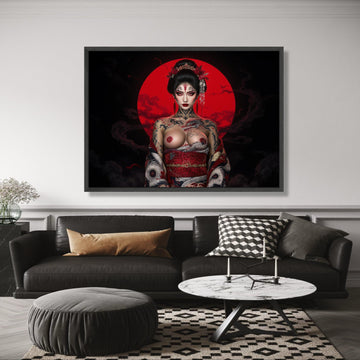 Mystical Geisha with Dragon Tattoo, Red Moon Canvas Wall Art, Japanese Fantasy Portrait, Asian Woman wall decoration, canvas print, wall art