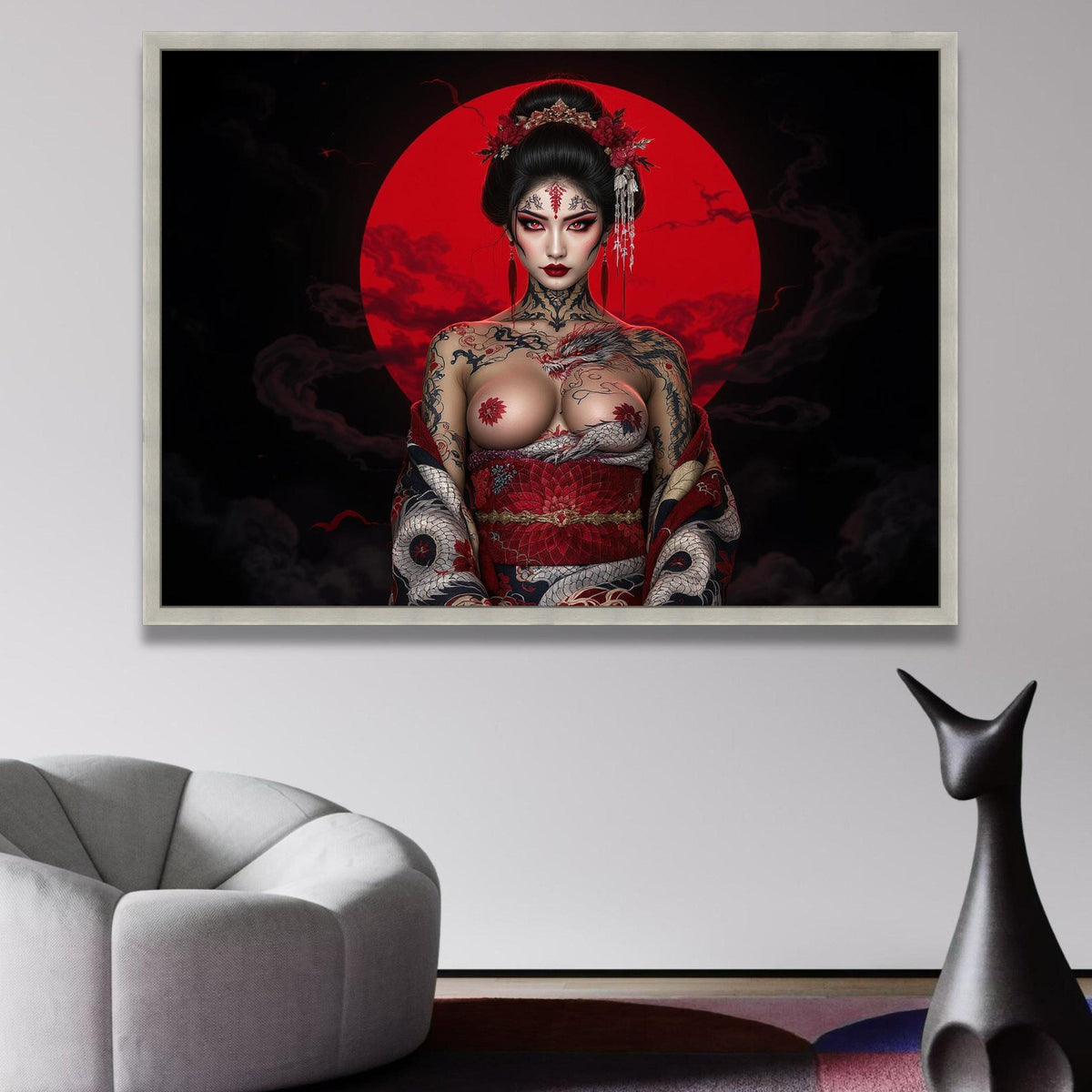 Mystical Geisha with Dragon Tattoo, Red Moon Canvas Wall Art, Japanese Fantasy Portrait, Asian Woman wall decoration, canvas print, wall art