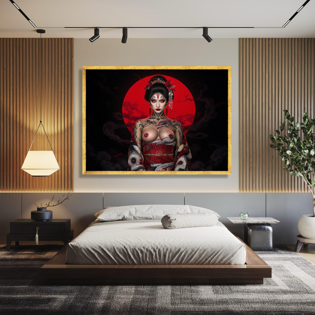 Mystical Geisha with Dragon Tattoo, Red Moon Canvas Wall Art, Japanese Fantasy Portrait, Asian Woman wall decoration, canvas print, wall art