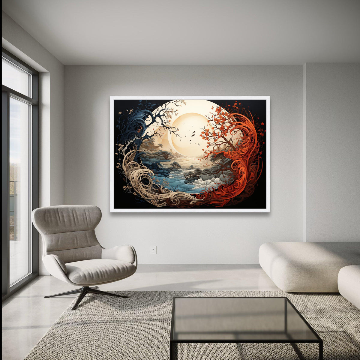 Abstract Yin Yang Trees, Fantasy Landscape Canvas, Sunlit Nature Scene, Red and Blue Tree Wall Art, wall decoration, canvas print, wall art