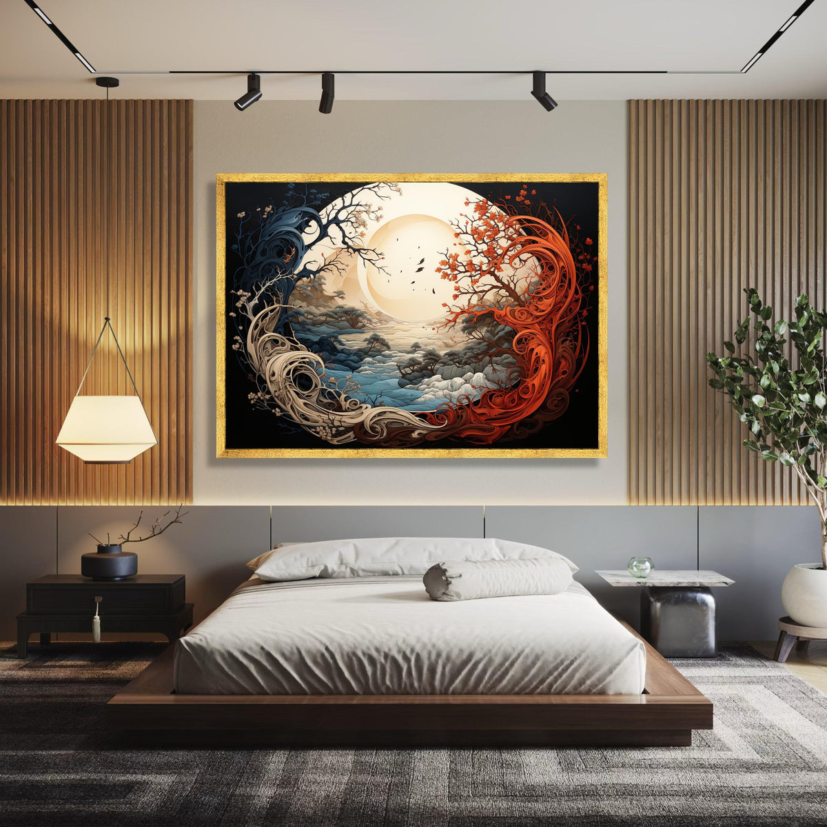 Abstract Yin Yang Trees, Fantasy Landscape Canvas, Sunlit Nature Scene, Red and Blue Tree Wall Art, wall decoration, canvas print, wall art