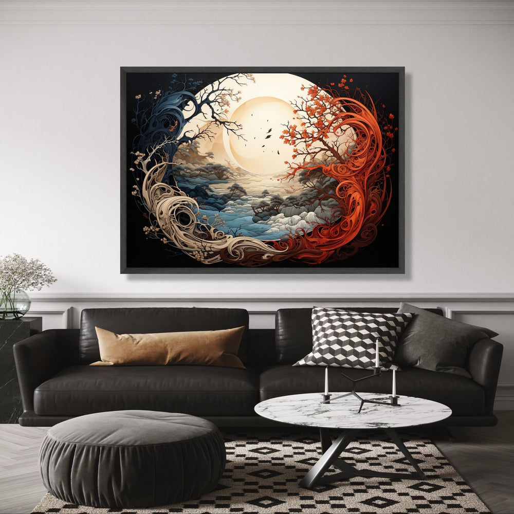 Abstract Yin Yang Trees, Fantasy Landscape Canvas, Sunlit Nature Scene, Red and Blue Tree Wall Art, wall decoration, canvas print, wall art