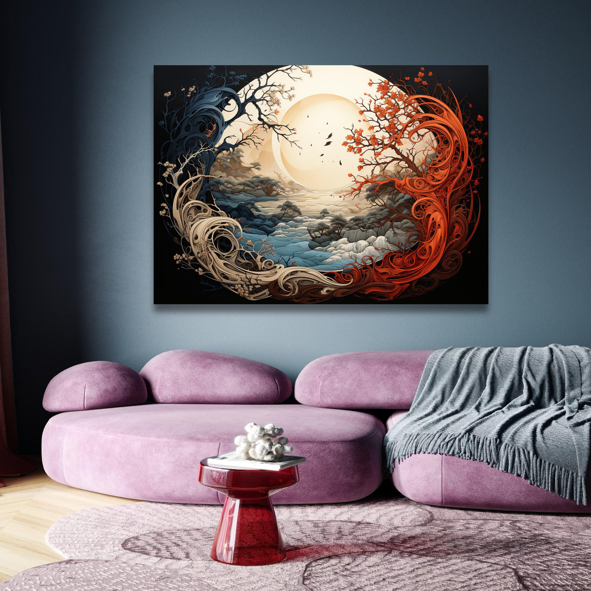 Abstract Yin Yang Trees, Fantasy Landscape Canvas, Sunlit Nature Scene, Red and Blue Tree Wall Art, wall decoration, canvas print, wall art