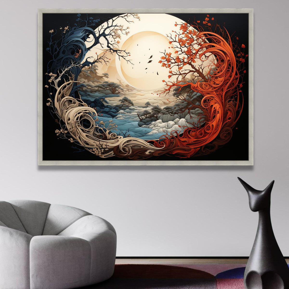 Abstract Yin Yang Trees, Fantasy Landscape Canvas, Sunlit Nature Scene, Red and Blue Tree Wall Art, wall decoration, canvas print, wall art