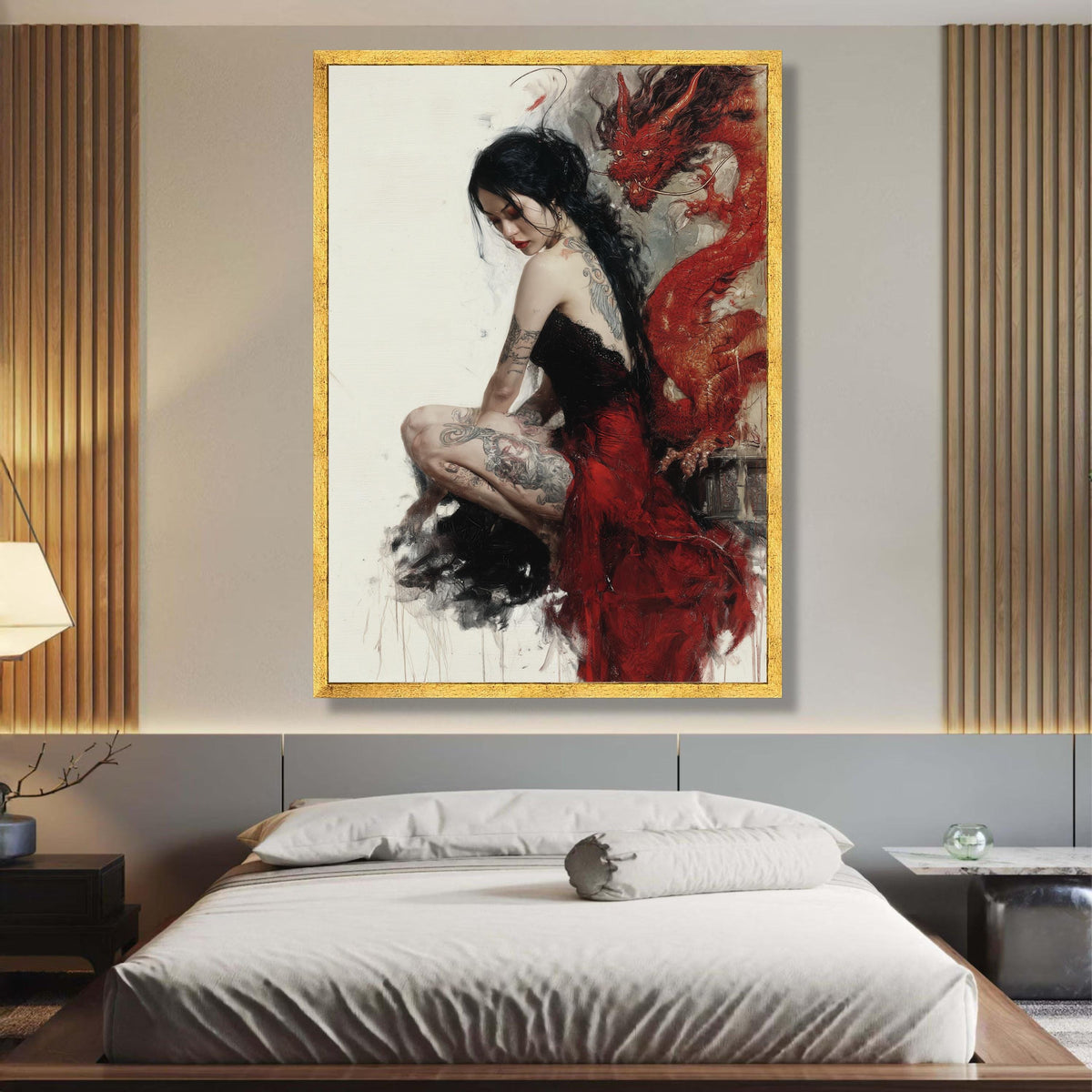Tattooed Woman in Red Dress Canvas Wall Art, Asian Dragon Painting, Gothic Art Print, Contemporary wall decoration, canvas print, wall art