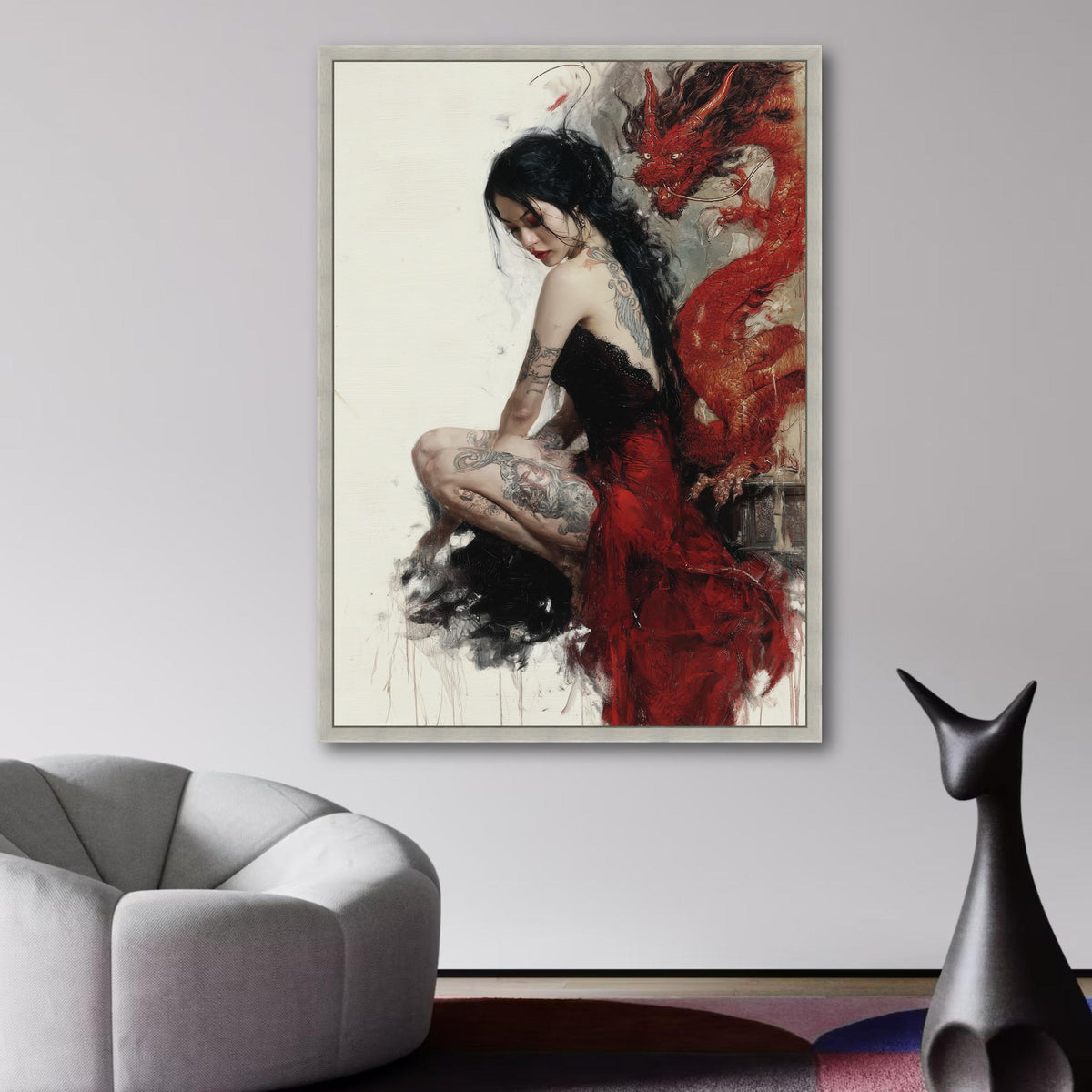 Tattooed Woman in Red Dress Canvas Wall Art, Asian Dragon Painting, Gothic Art Print, Contemporary wall decoration, canvas print, wall art