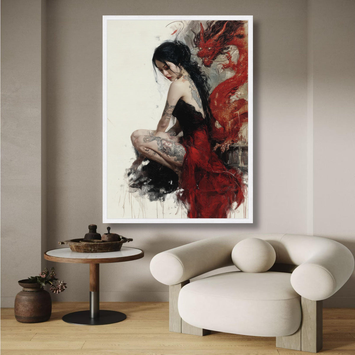Tattooed Woman in Red Dress Canvas Wall Art, Asian Dragon Painting, Gothic Art Print, Contemporary wall decoration, canvas print, wall art