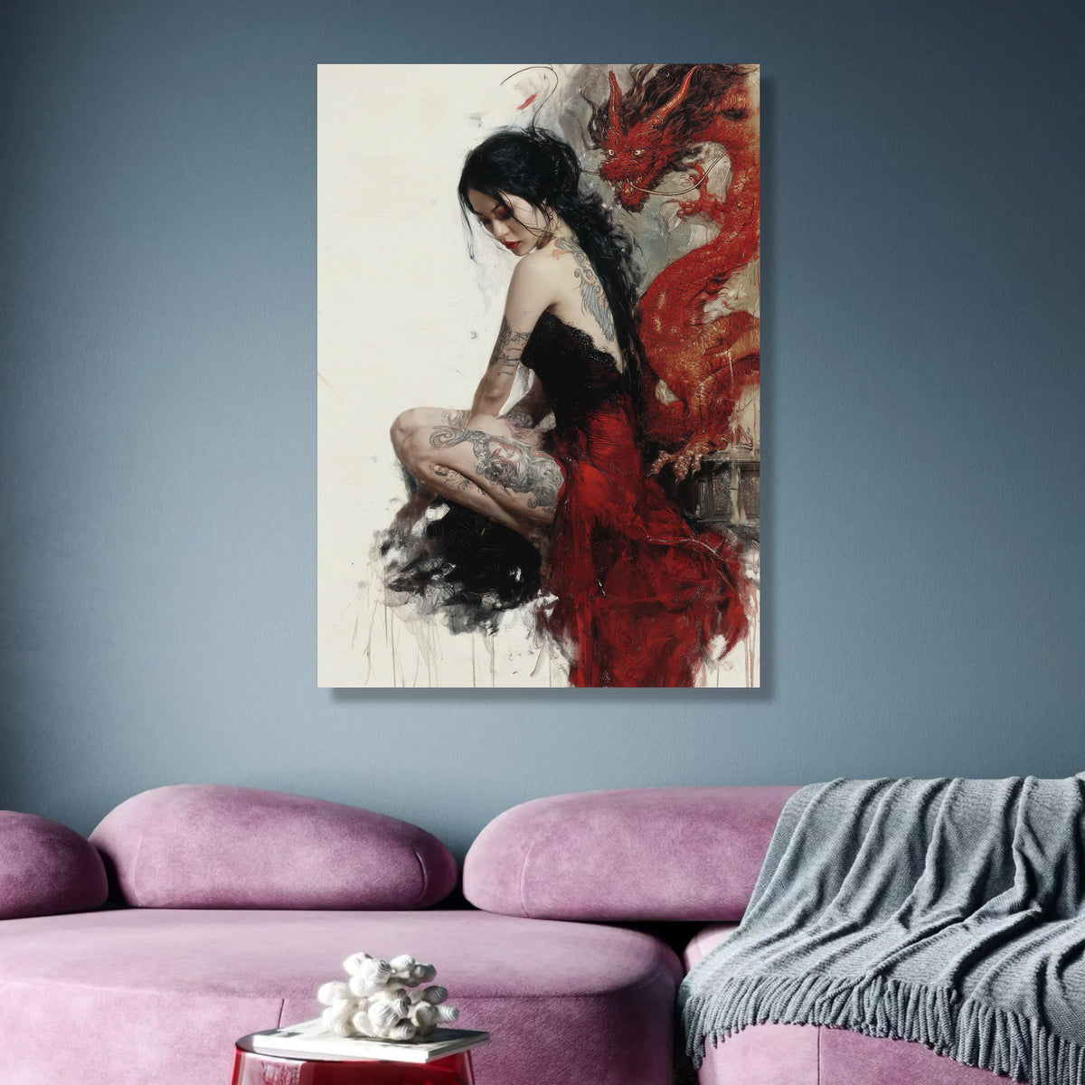 Tattooed Woman in Red Dress Canvas Wall Art, Asian Dragon Painting, Gothic Art Print, Contemporary wall decoration, canvas print, wall art