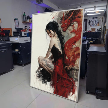 Tattooed Woman in Red Dress Canvas Wall Art, Asian Dragon Painting, Gothic Art Print, Contemporary wall decoration, canvas print, wall art