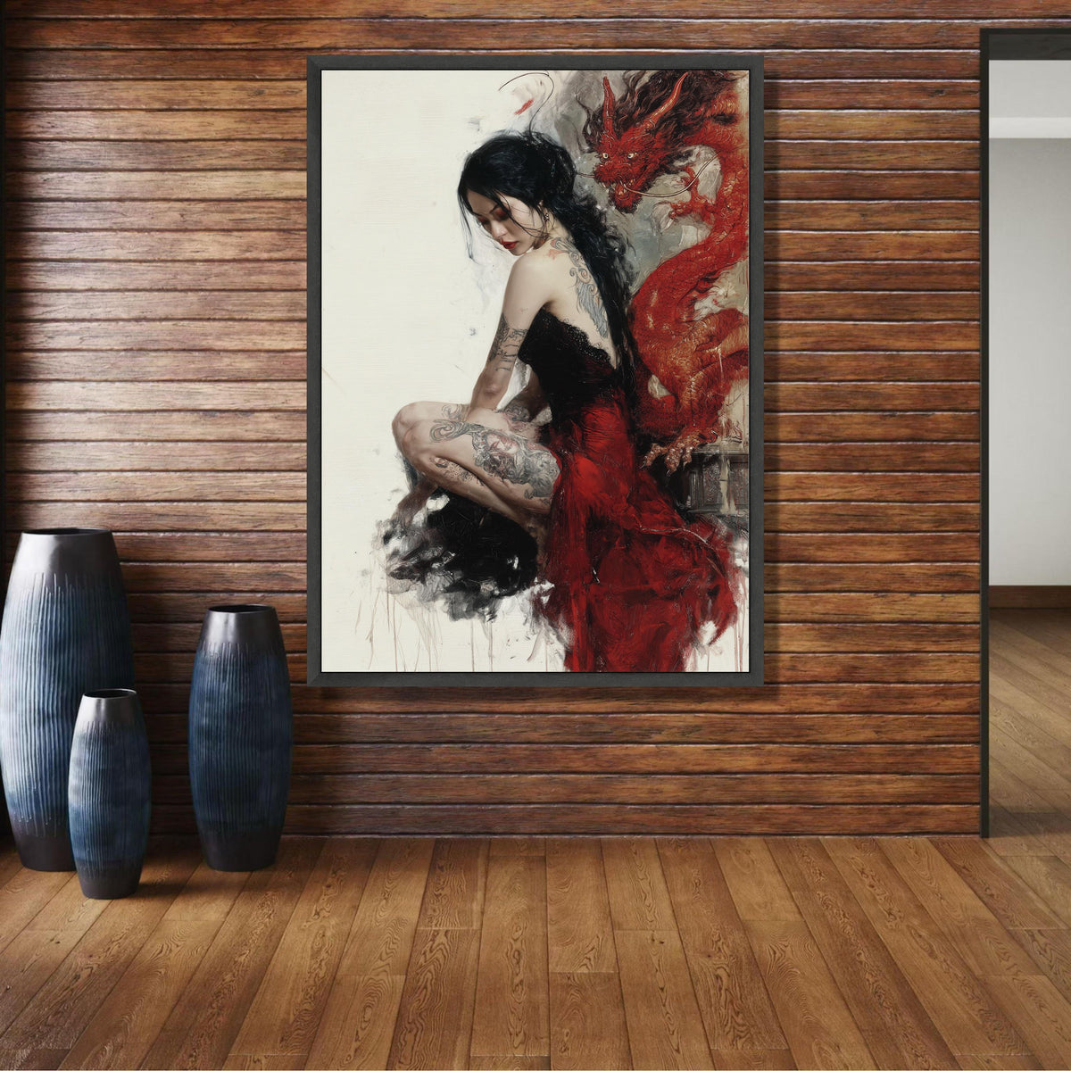 Tattooed Woman in Red Dress Canvas Wall Art, Asian Dragon Painting, Gothic Art Print, Contemporary wall decoration, canvas print, wall art