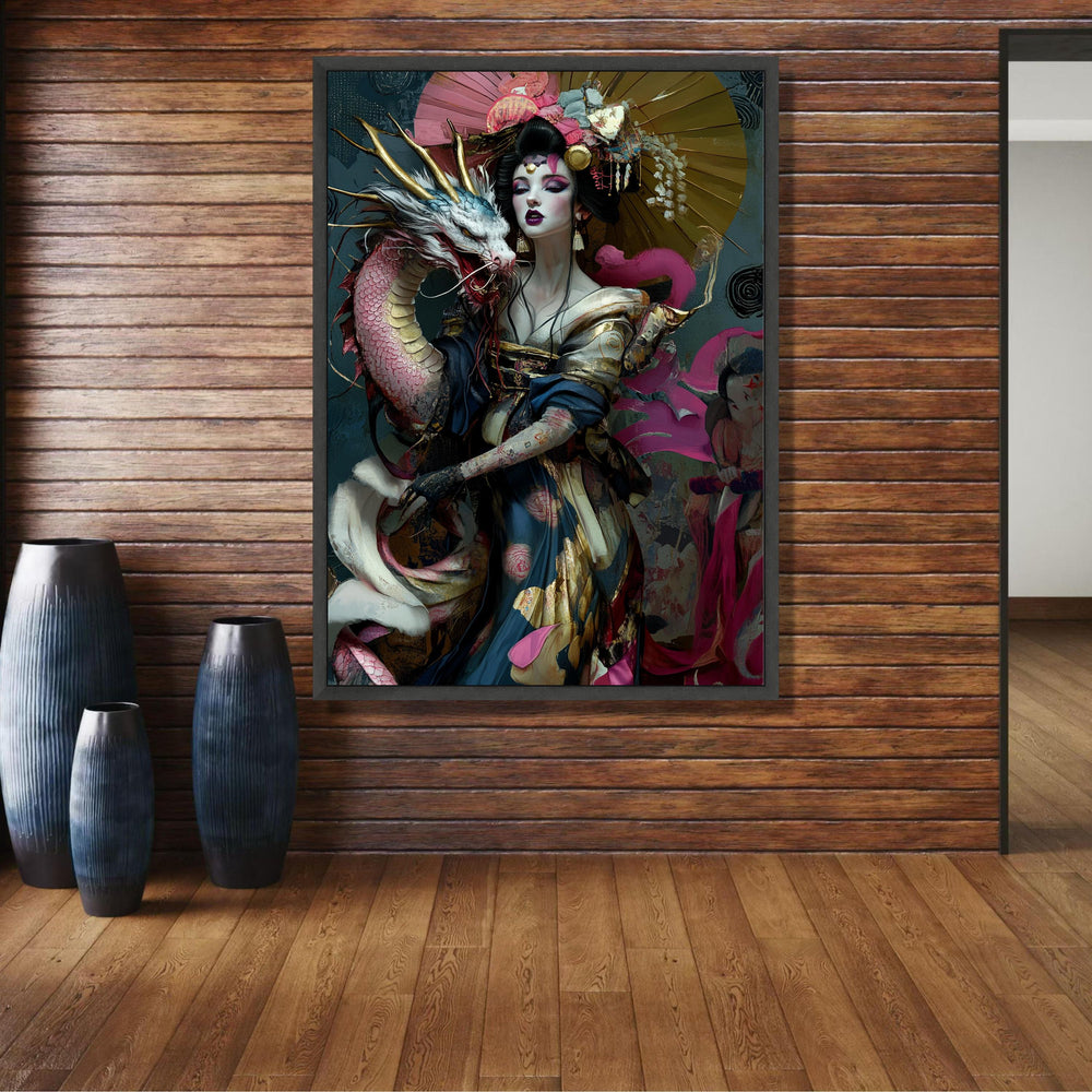 Mystical Geisha with Dragon Canvas, Asian Fantasy Art, Elegant Female Portrait, Oriental Wall Decor, wall decoration, canvas print, wall art