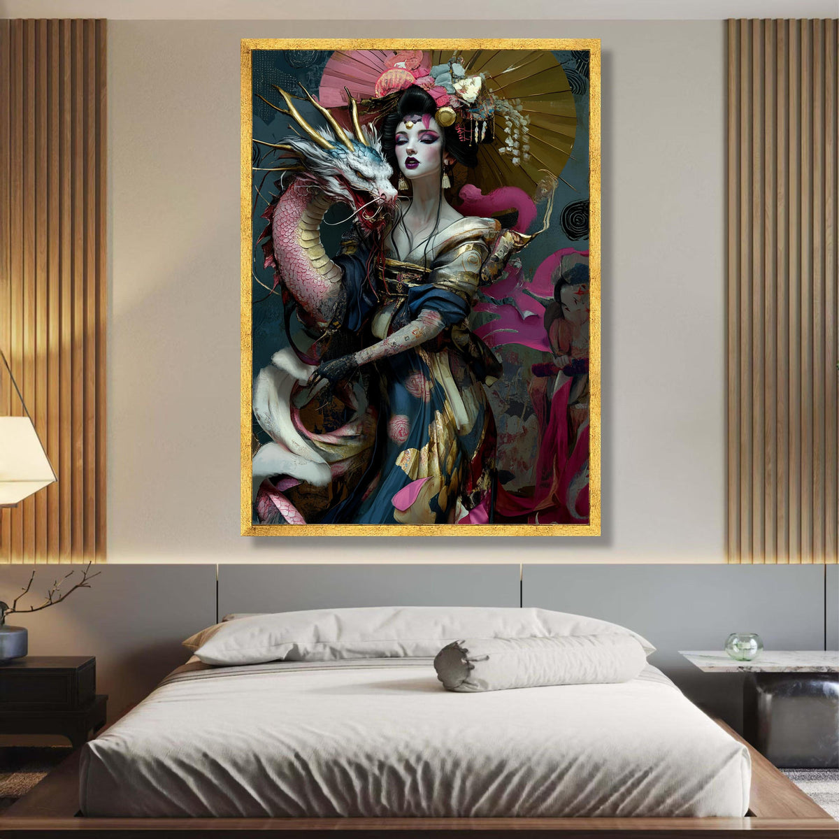 Mystical Geisha with Dragon Canvas, Asian Fantasy Art, Elegant Female Portrait, Oriental Wall Decor, wall decoration, canvas print, wall art