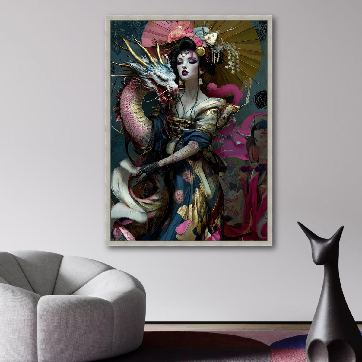 Mystical Geisha with Dragon Canvas, Asian Fantasy Art, Elegant Female Portrait, Oriental Wall Decor, wall decoration, canvas print, wall art