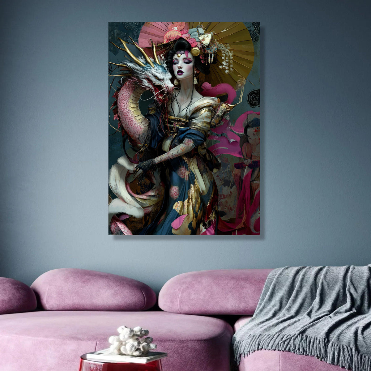 Mystical Geisha with Dragon Canvas, Asian Fantasy Art, Elegant Female Portrait, Oriental Wall Decor, wall decoration, canvas print, wall art