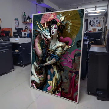 Mystical Geisha with Dragon Canvas, Asian Fantasy Art, Elegant Female Portrait, Oriental Wall Decor, wall decoration, canvas print, wall art