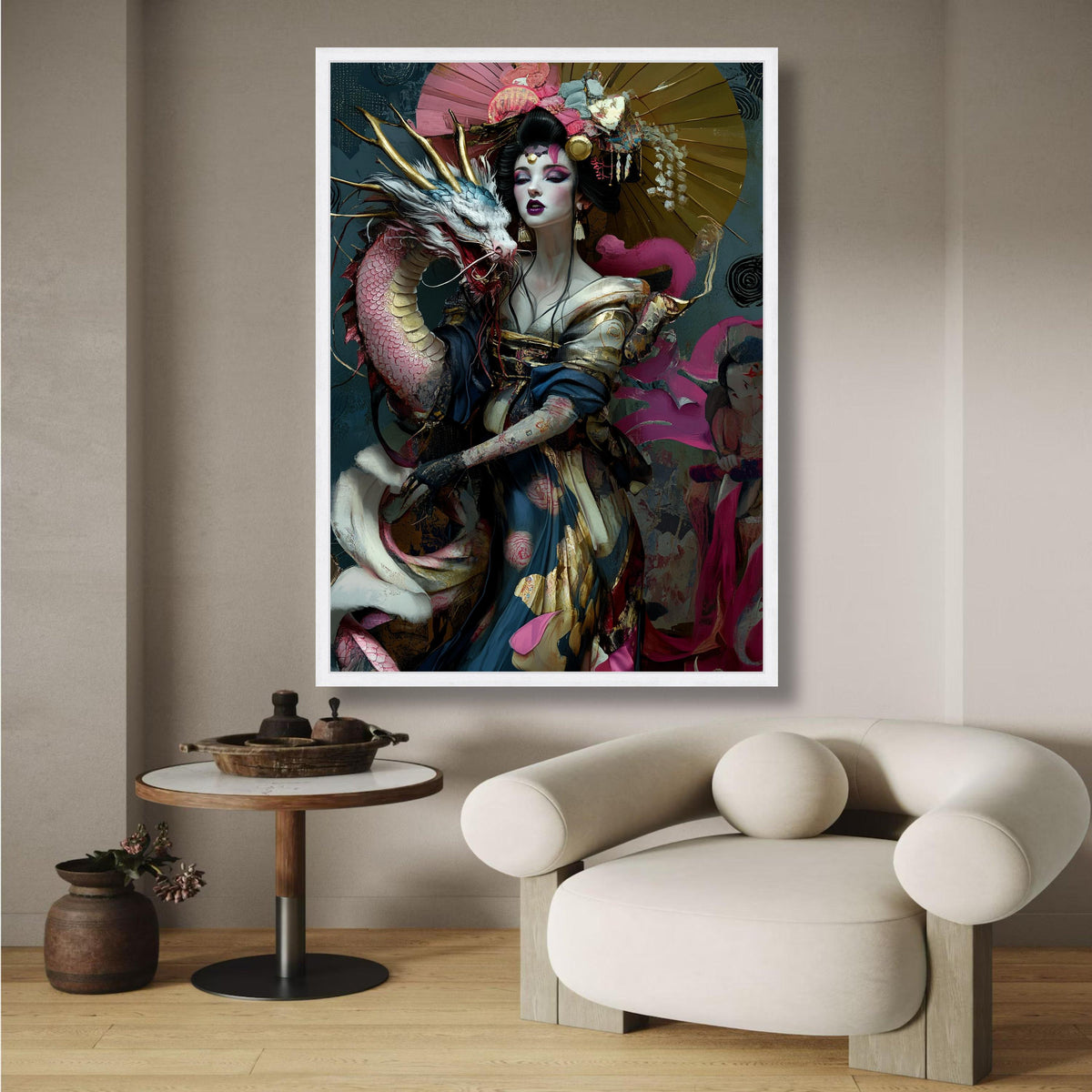 Mystical Geisha with Dragon Canvas, Asian Fantasy Art, Elegant Female Portrait, Oriental Wall Decor, wall decoration, canvas print, wall art