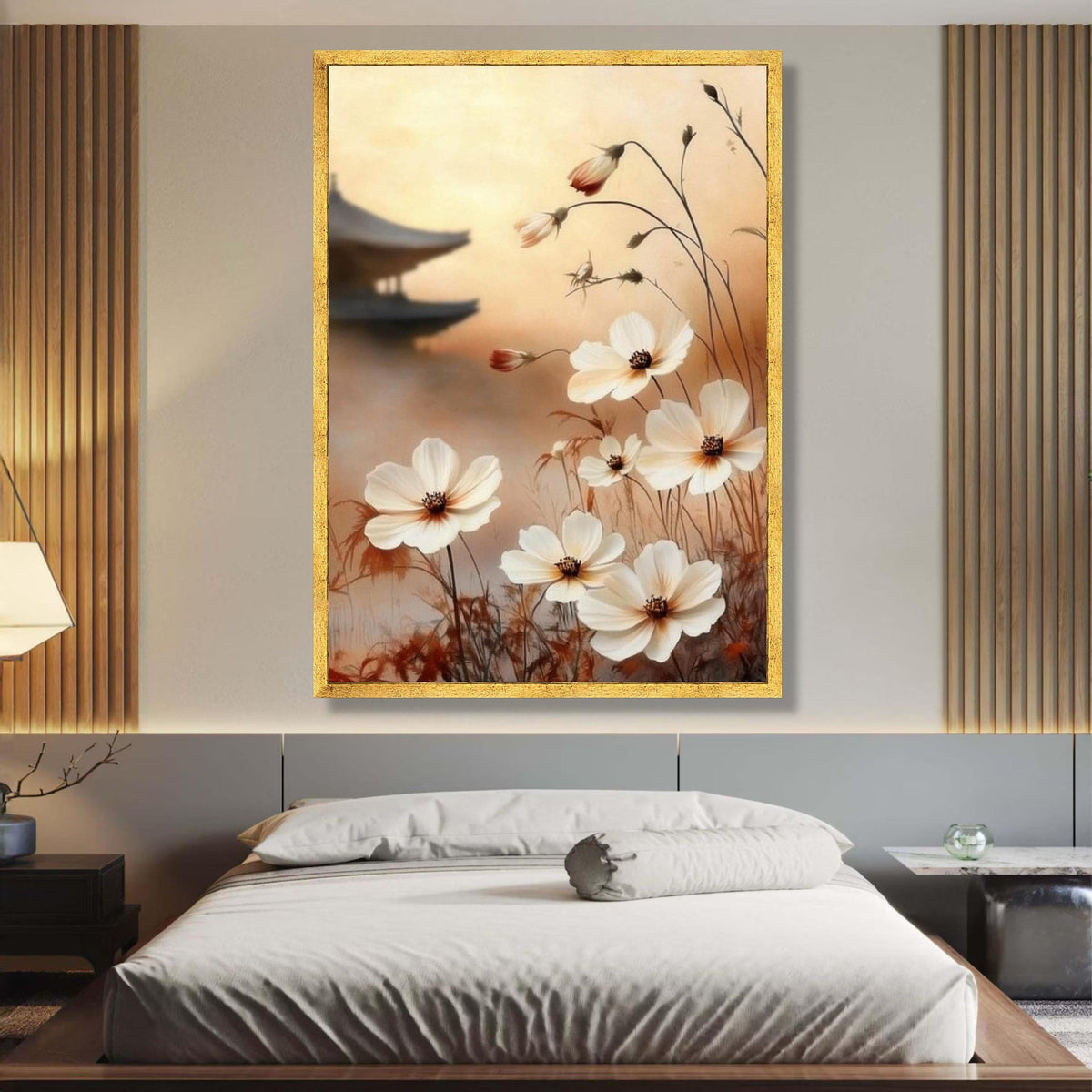 Japanese Inspired Floral Canvas, Soft White Cosmos Flowers Wall Art, Zen Garden Decor, Asian Style wall decoration, canvas print, wall art