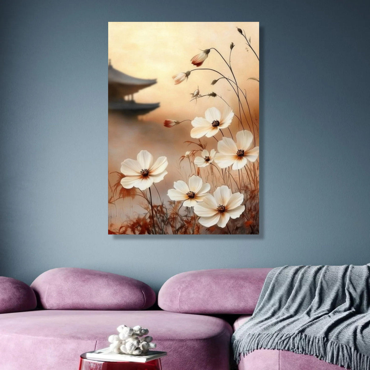 Japanese Inspired Floral Canvas, Soft White Cosmos Flowers Wall Art, Zen Garden Decor, Asian Style wall decoration, canvas print, wall art