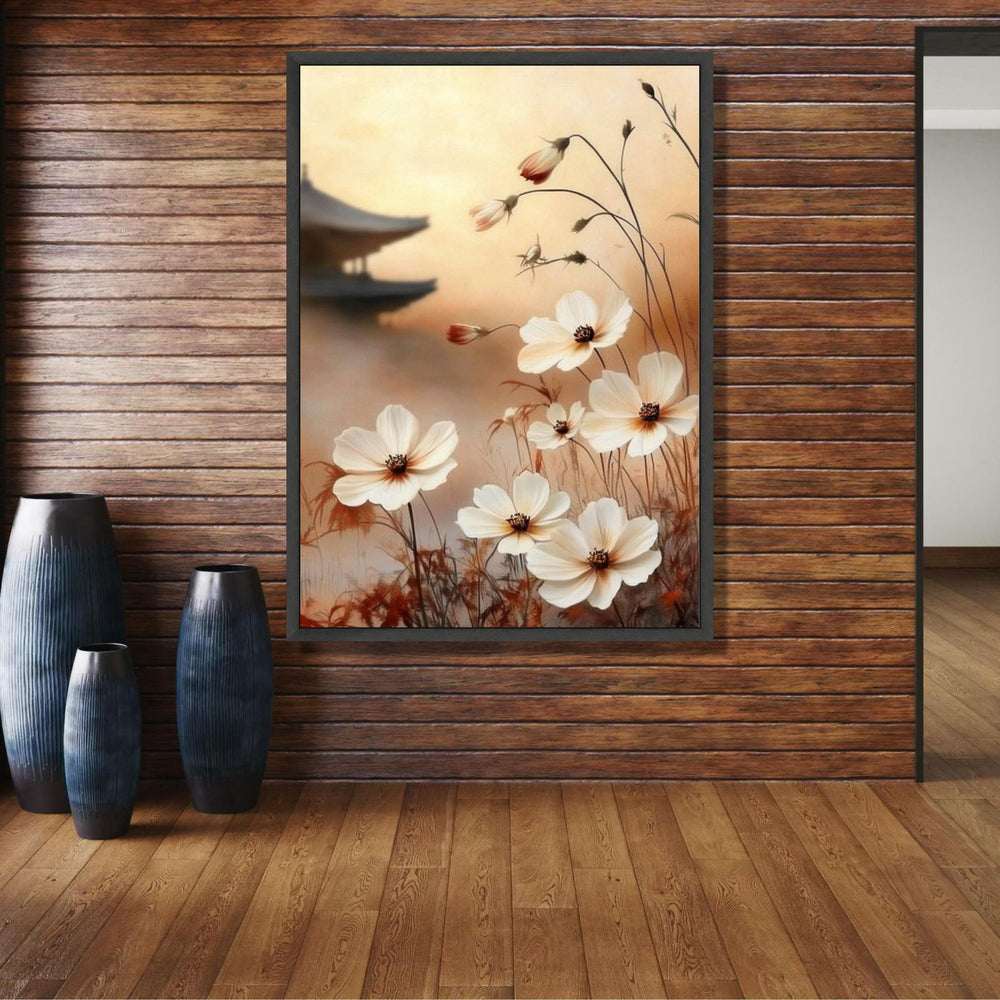 Japanese Inspired Floral Canvas, Soft White Cosmos Flowers Wall Art, Zen Garden Decor, Asian Style wall decoration, canvas print, wall art