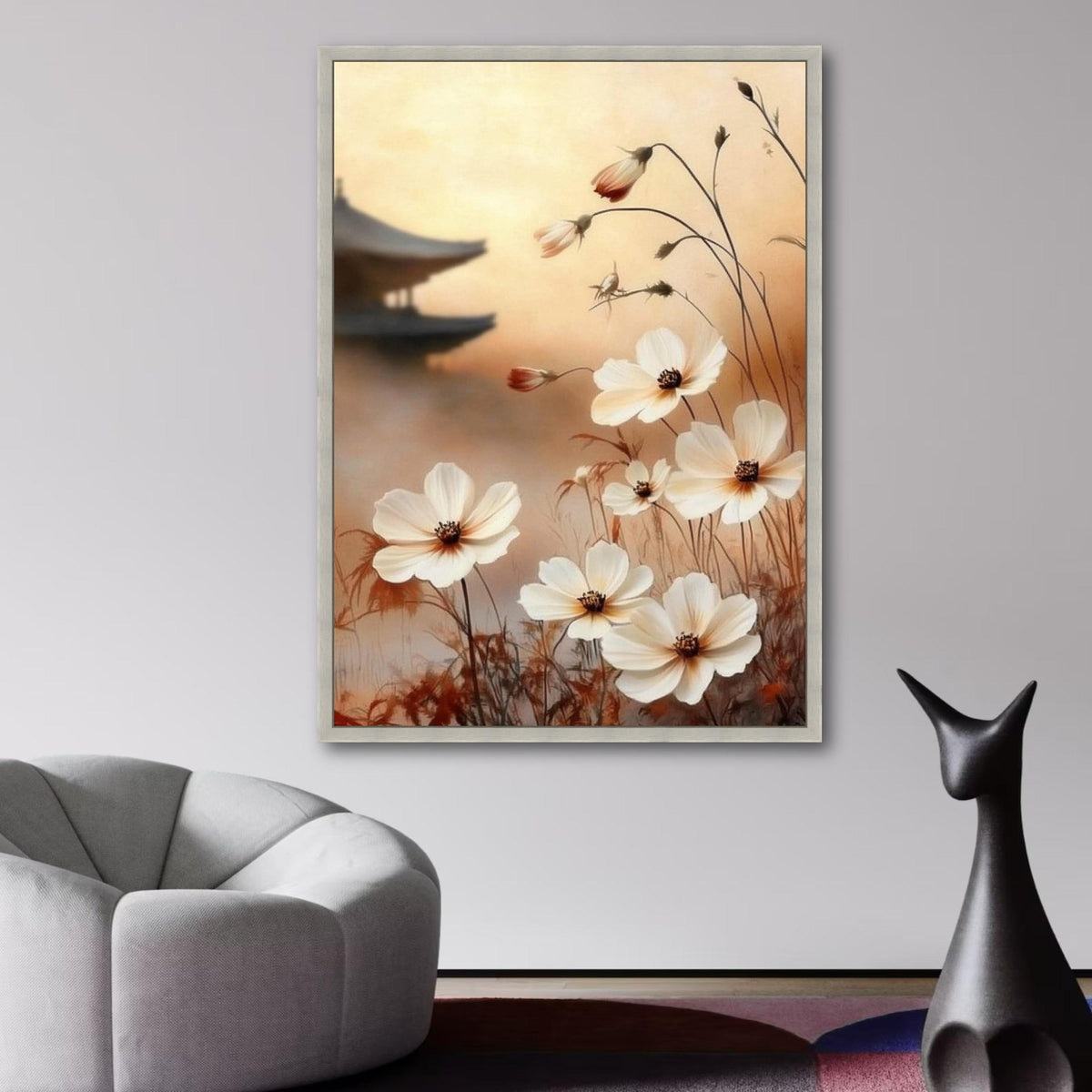 Japanese Inspired Floral Canvas, Soft White Cosmos Flowers Wall Art, Zen Garden Decor, Asian Style wall decoration, canvas print, wall art