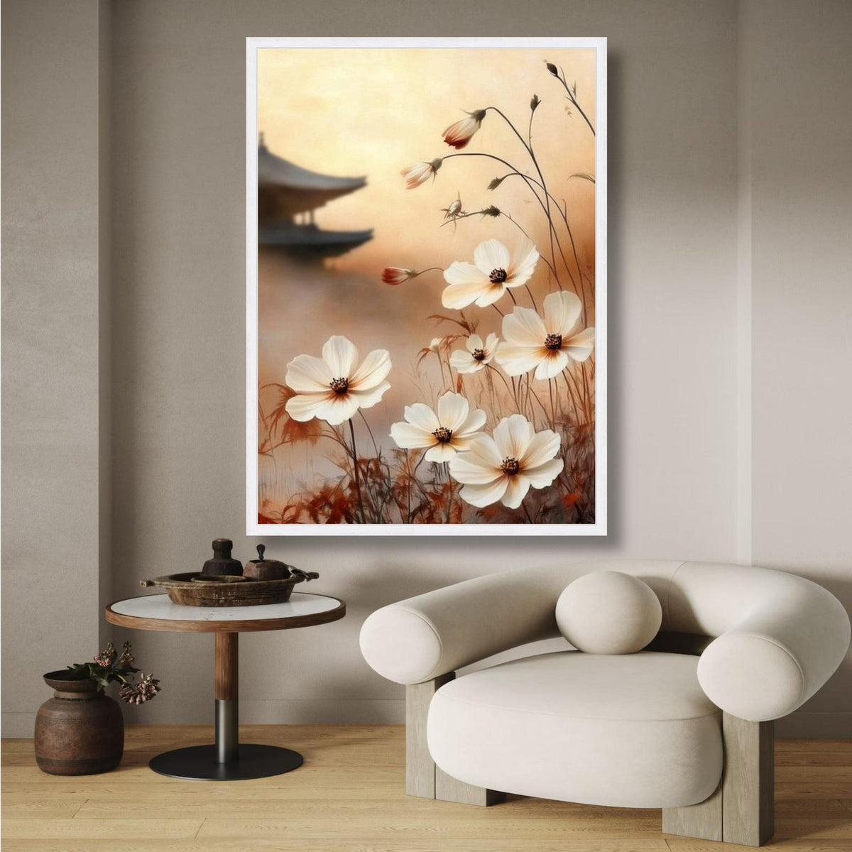 Japanese Inspired Floral Canvas, Soft White Cosmos Flowers Wall Art, Zen Garden Decor, Asian Style wall decoration, canvas print, wall art