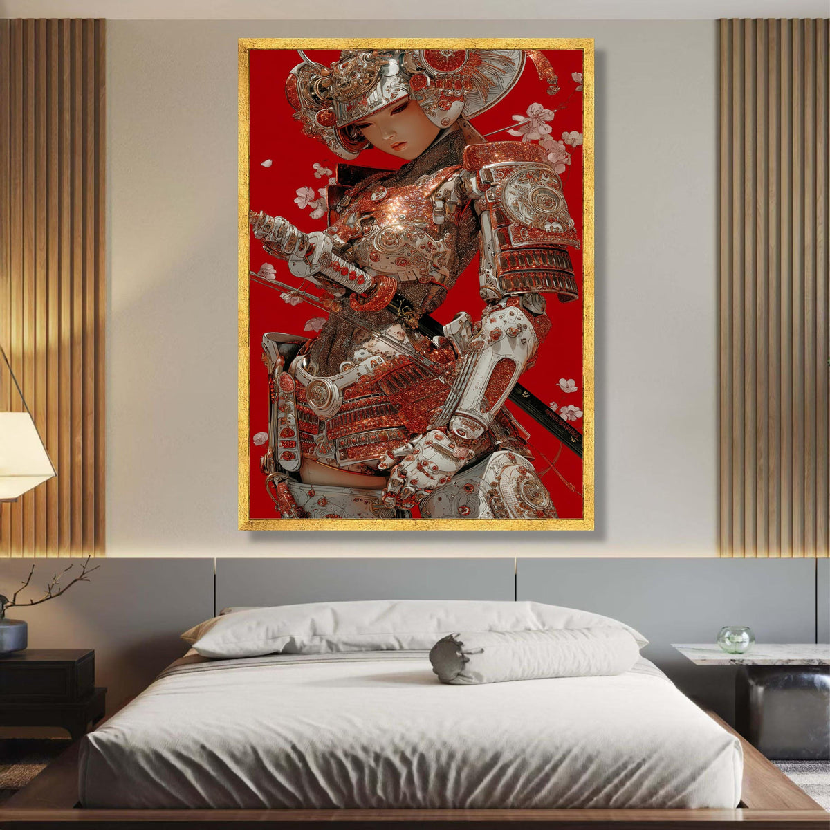 Sparkling Samurai Armor Canvas, Red Background Wall Art, Japanese Warrior Illustration, Modern wall decoration, canvas print, wall art