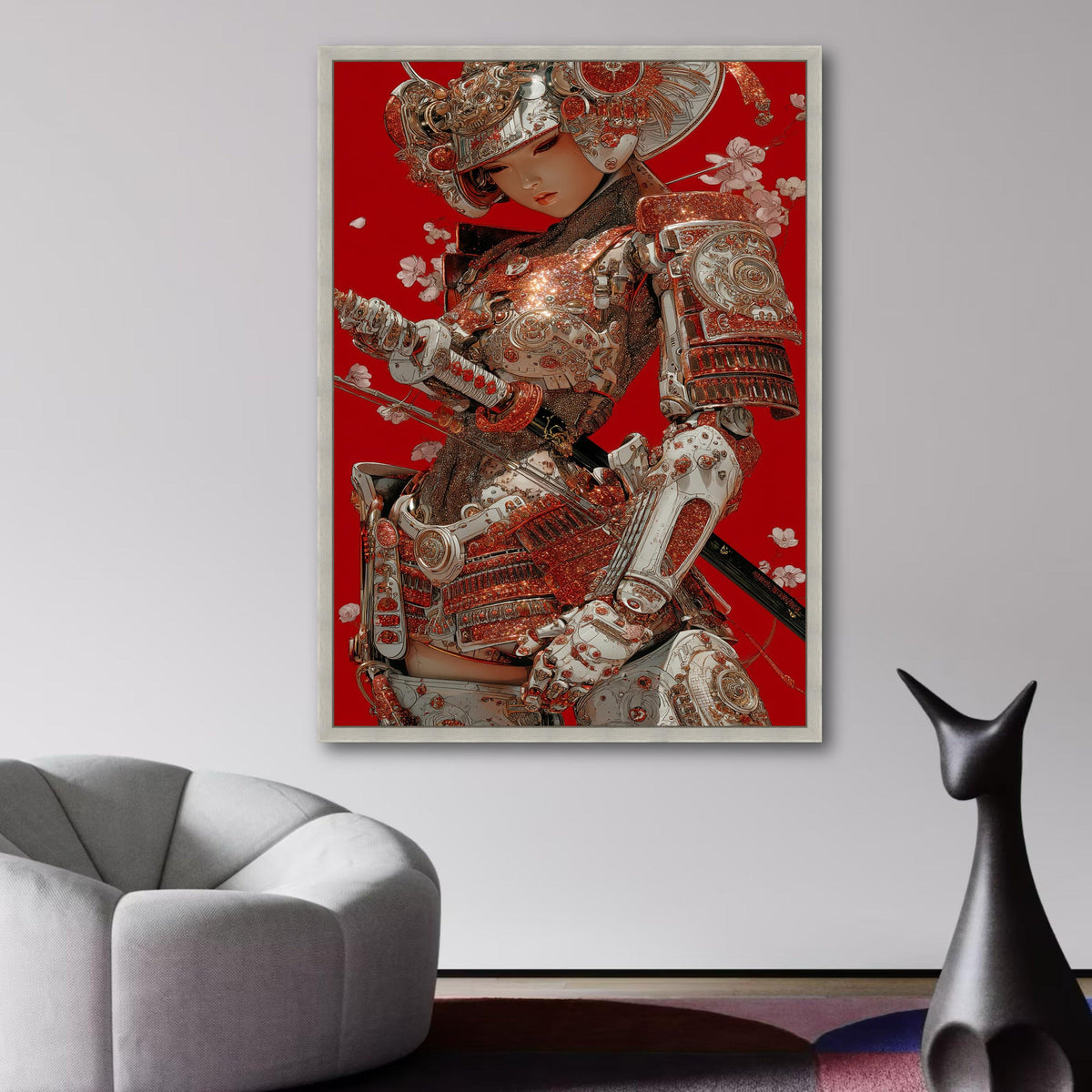 Sparkling Samurai Armor Canvas, Red Background Wall Art, Japanese Warrior Illustration, Modern wall decoration, canvas print, wall art