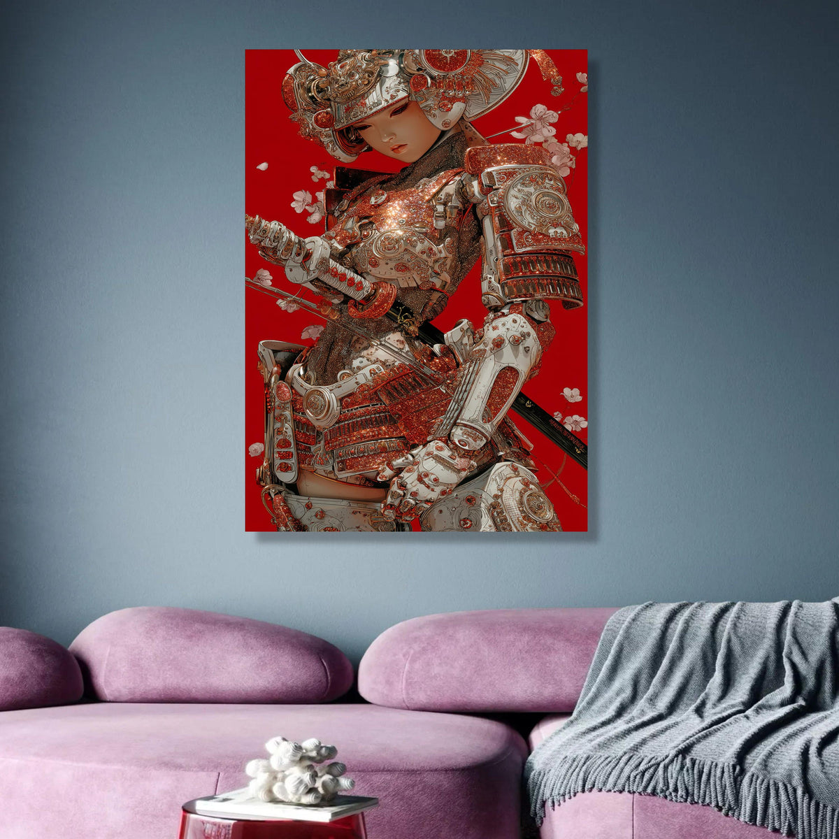 Sparkling Samurai Armor Canvas, Red Background Wall Art, Japanese Warrior Illustration, Modern wall decoration, canvas print, wall art