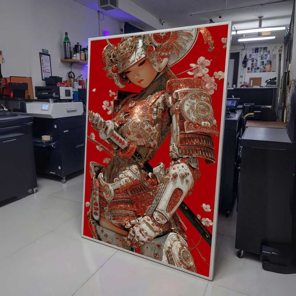 Sparkling Samurai Armor Canvas, Red Background Wall Art, Japanese Warrior Illustration, Modern wall decoration, canvas print, wall art