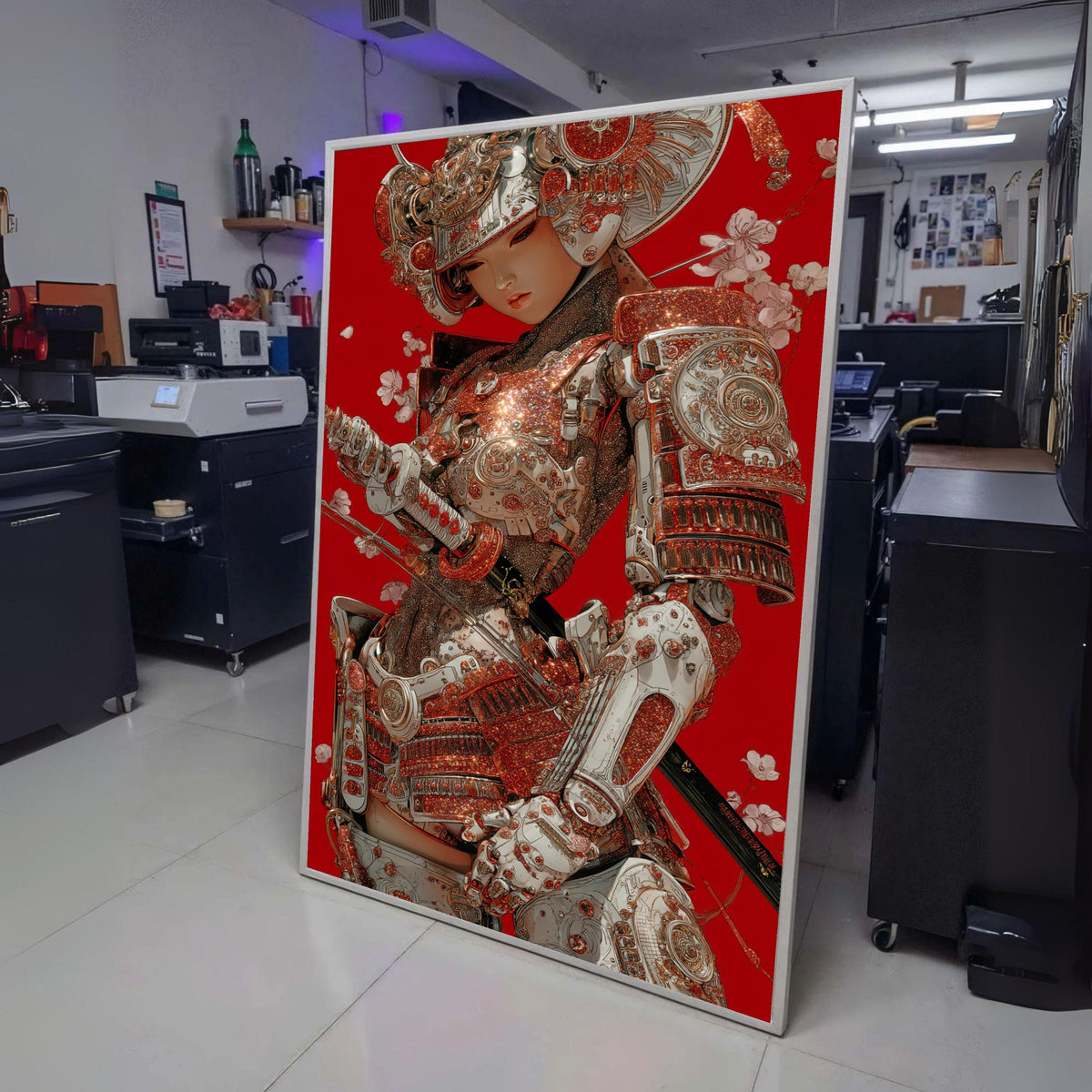 Sparkling Samurai Armor Canvas, Red Background Wall Art, Japanese Warrior Illustration, Modern wall decoration, canvas print, wall art