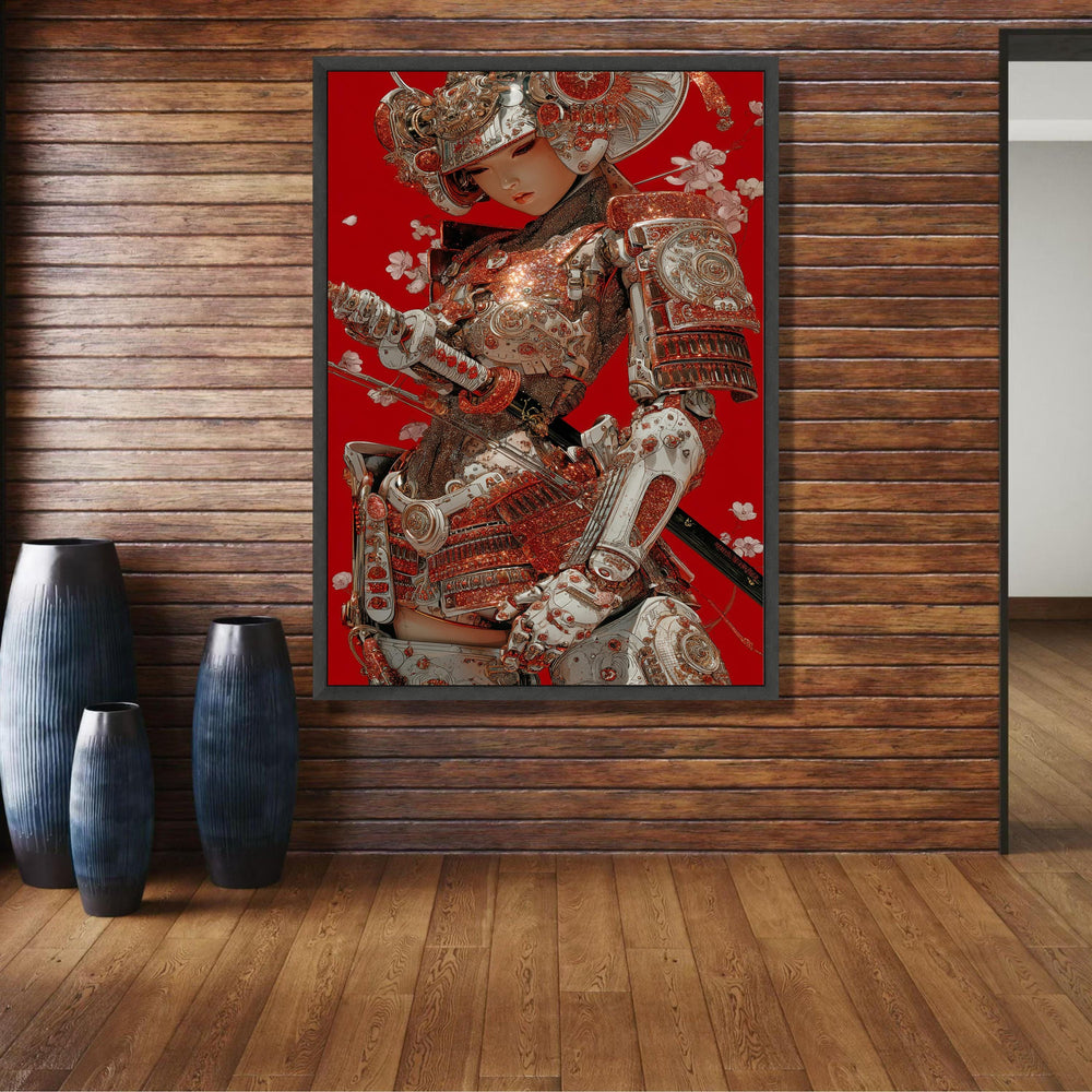 Sparkling Samurai Armor Canvas, Red Background Wall Art, Japanese Warrior Illustration, Modern wall decoration, canvas print, wall art