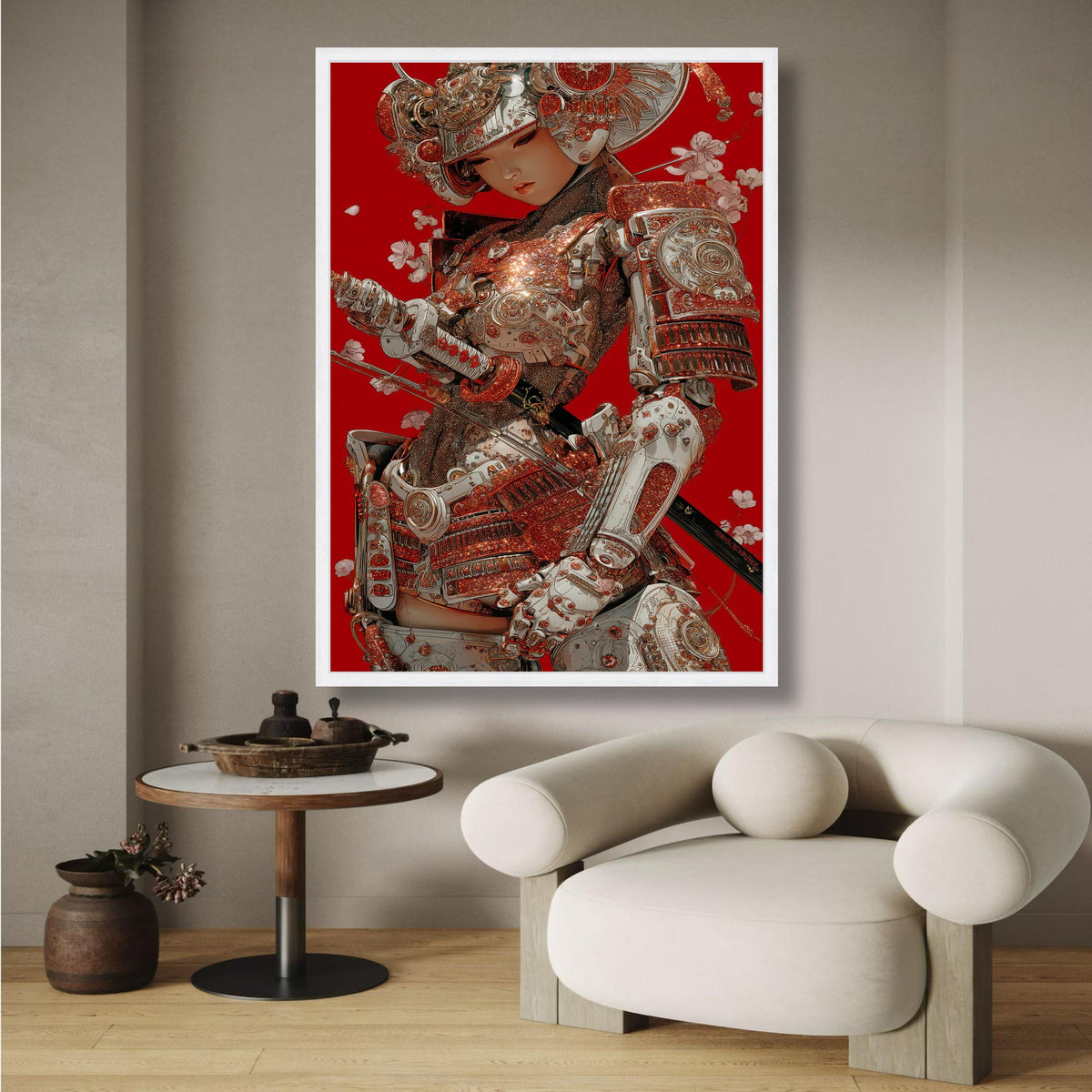 Sparkling Samurai Armor Canvas, Red Background Wall Art, Japanese Warrior Illustration, Modern wall decoration, canvas print, wall art
