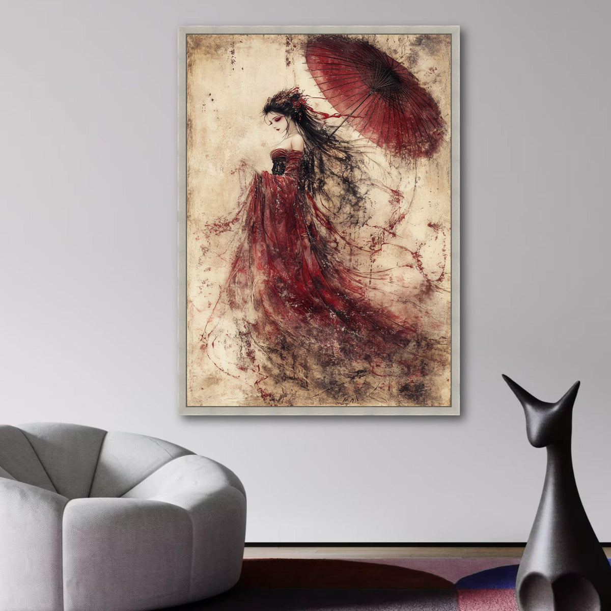 Elegant Geisha Woman Canvas, Red Kimono Art, Japanese Umbrella Painting, Traditional Asian Wall Art, wall decoration, canvas print, wall art