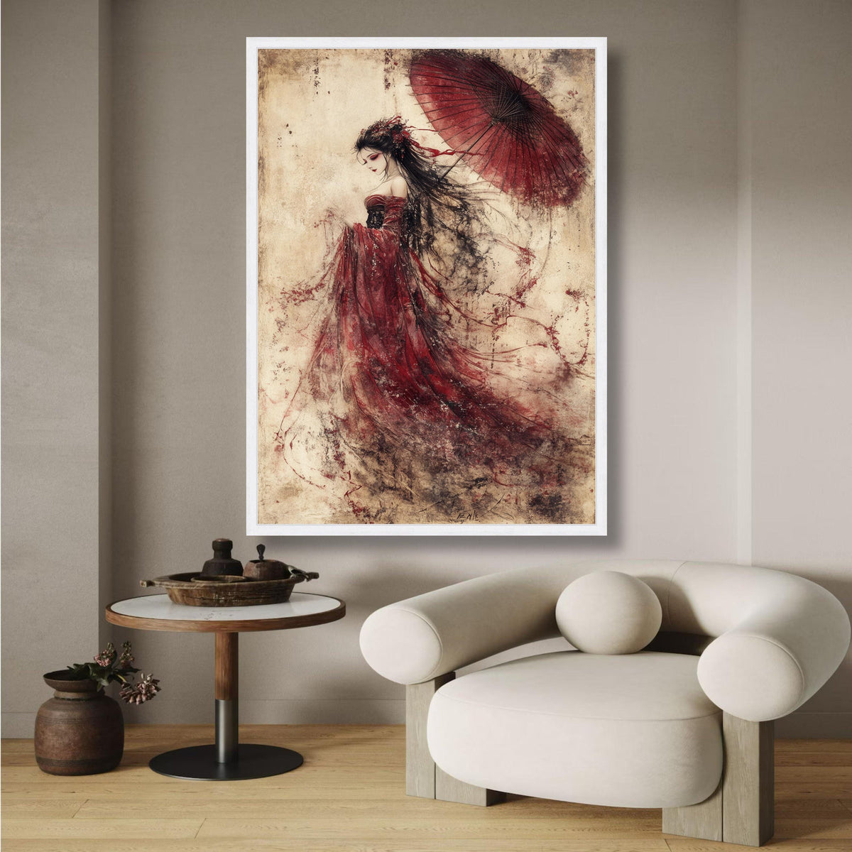 Elegant Geisha Woman Canvas, Red Kimono Art, Japanese Umbrella Painting, Traditional Asian Wall Art, wall decoration, canvas print, wall art