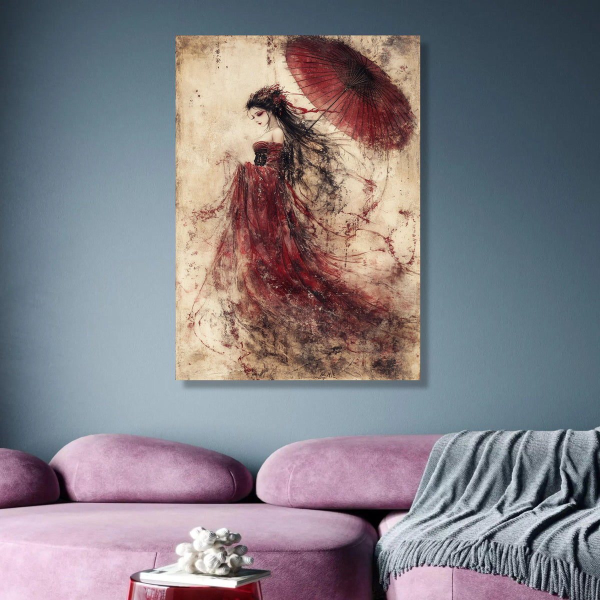 Elegant Geisha Woman Canvas, Red Kimono Art, Japanese Umbrella Painting, Traditional Asian Wall Art, wall decoration, canvas print, wall art
