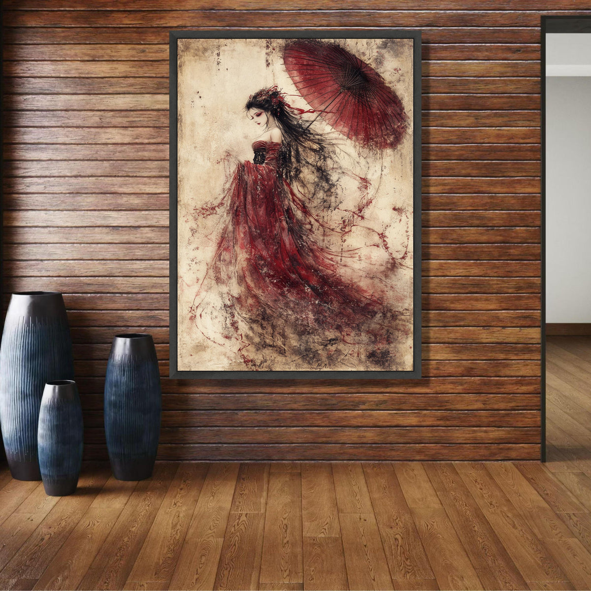 Elegant Geisha Woman Canvas, Red Kimono Art, Japanese Umbrella Painting, Traditional Asian Wall Art, wall decoration, canvas print, wall art