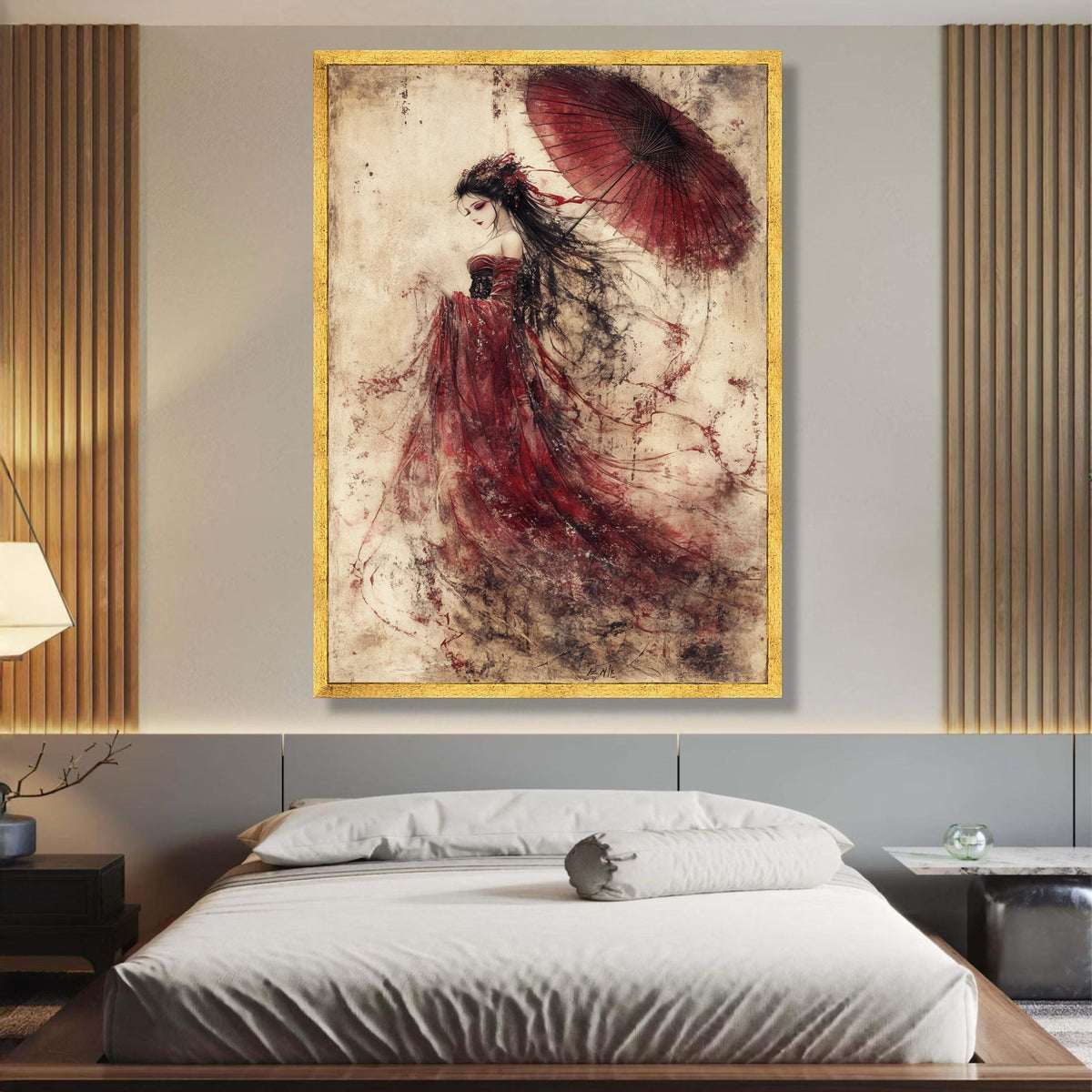 Elegant Geisha Woman Canvas, Red Kimono Art, Japanese Umbrella Painting, Traditional Asian Wall Art, wall decoration, canvas print, wall art